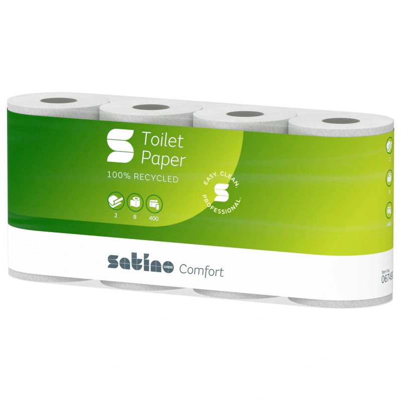 Satino by WEPA tualettpaber 2 kihiline makulatuur valge 8 rulli, 400 lehte, 48m, kastis 6 pakendit (48 rulli) (067490)