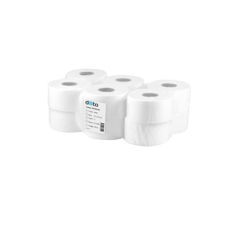 DOTO tualettpaber mini jumbo 2 kihiline, tselluloos, valge 150m, 600 lehte, pakendis 12 rulli